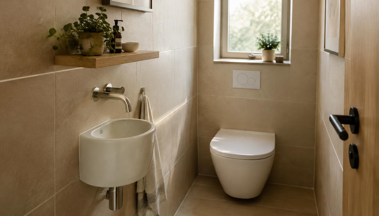 Fonteintjes – sfeerbeeld Toiletruimte met compact fonteintje en fonteinkraan tegen een getegelde wand