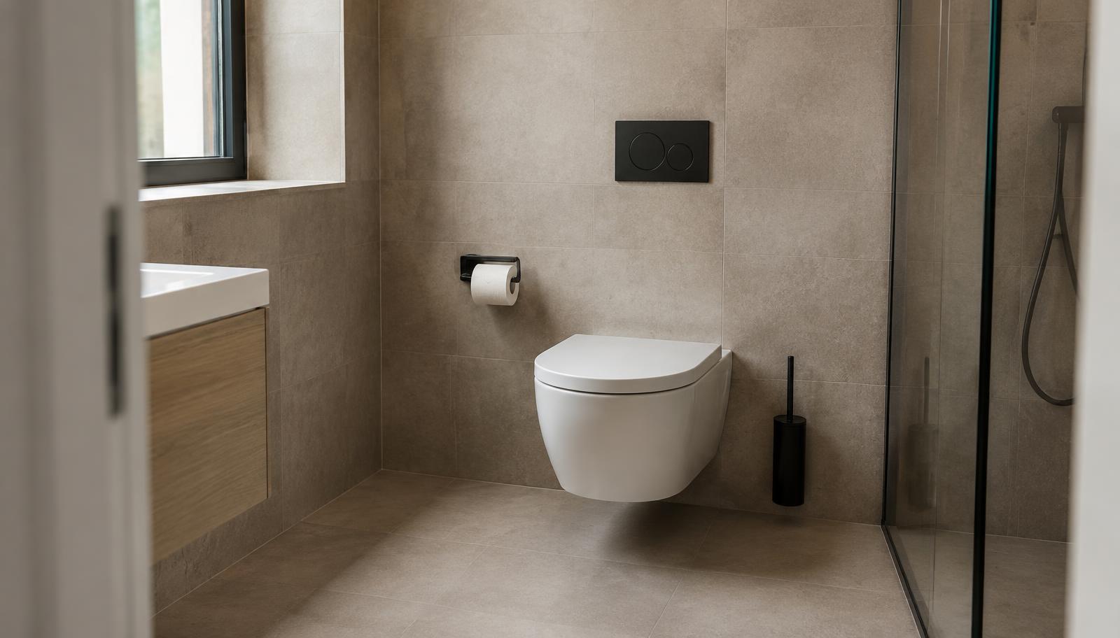 Toiletten – sfeerbeeld Wandtoilet met inbouwreservoir in een badkamer met strakke wandtegels