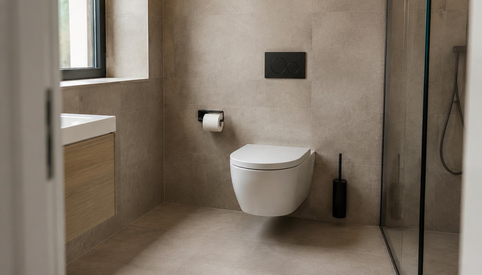 Wandtoilet met inbouwreservoir in een badkamer met strakke wandtegels